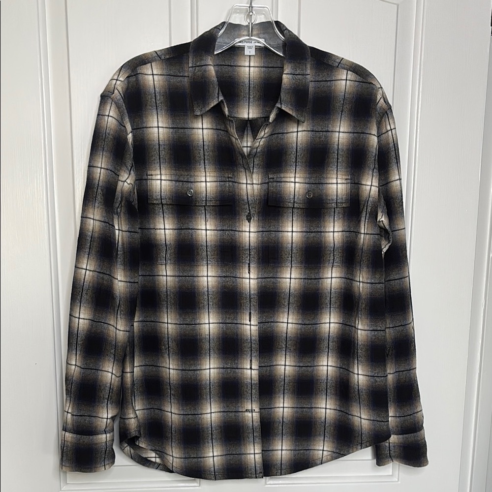 Euc James Perse Womens Black, Blue & Cream Plaid Cotton Flannel Shirt Sz Small